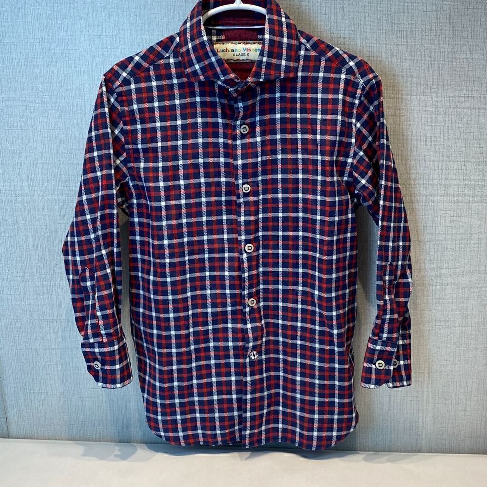 Luchiano Visconti Classic Boys Shirt Button Up Down Size 6 Plaid Red Blue White